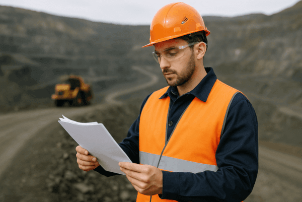 Prevencionista en faena minera estudiando la normativa de lavaojos en Chile